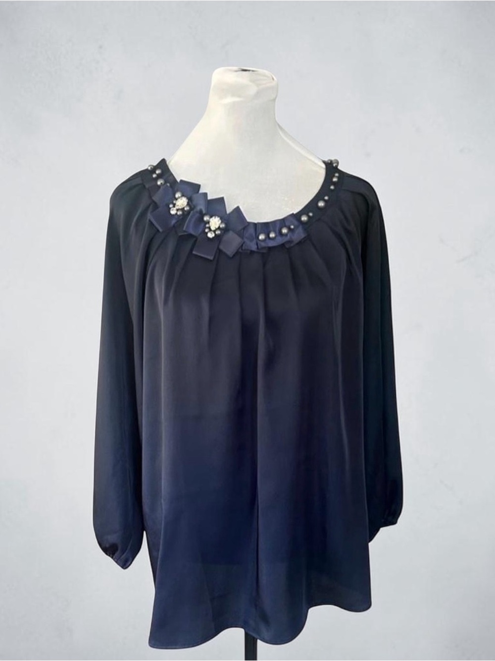 Chadwicks Navy Long-Sleeve Blouse with Bow & Pearl Neckline